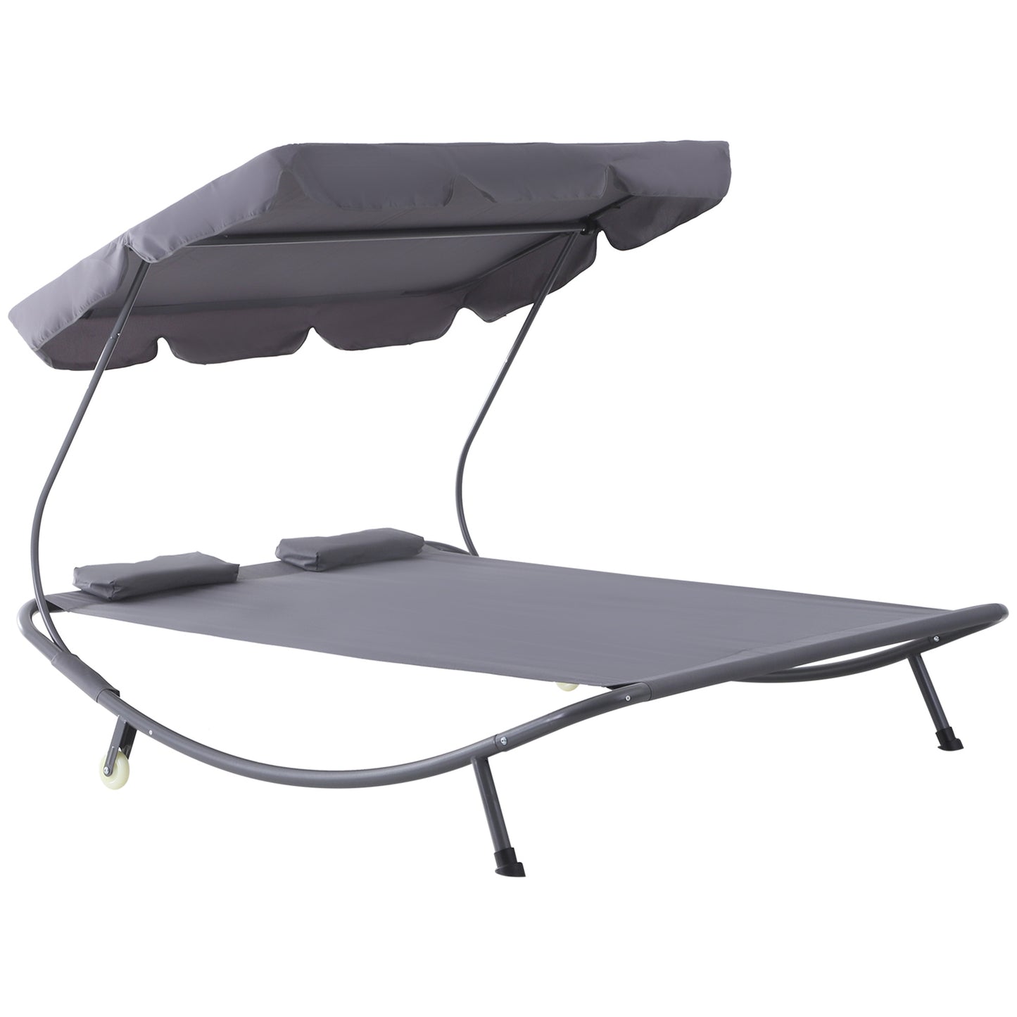 Double Patio Lounger with Adjustable Canopy, Outdoor Daybed Hammock Lounger with Headrest Pillows, Two Moving Wheels for Poolside, Garden, Grey Lounger Chairs   at Gallery Canada