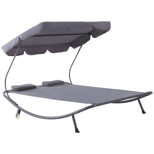 Double Patio Lounger with Adjustable Canopy, Outdoor Daybed Hammock Lounger with Headrest Pillows, Two Moving Wheels for Poolside, Garden, Grey