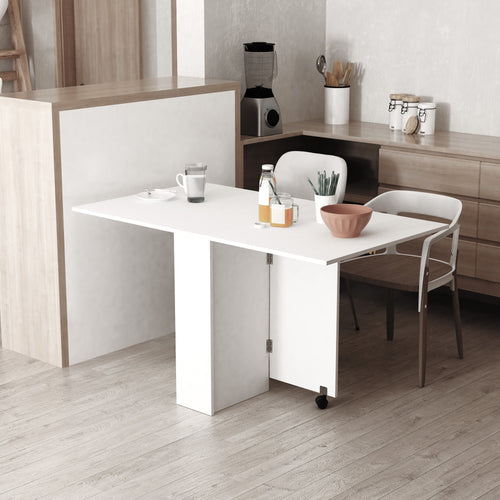 Extendable Dining Table, Collapsible Folding Table w/ 2-tier Shelves and Rolling Casters, White