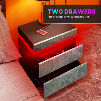 High Gloss Nightstand, Bedside Table with LED Lights and 2 Drawers for Bedroom, Living Room, Grey Bedside Tables   at Gallery Canada