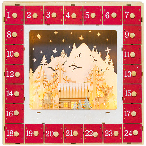 Wooden Christmas Advent Calendar, Light Up Holiday Decoration with 24 Countdown Drawers, Battery Operated