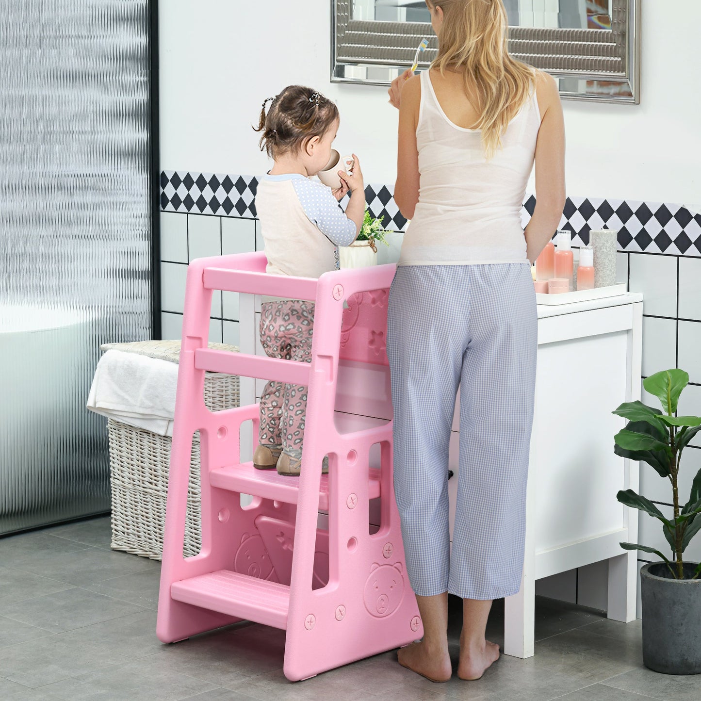 Toddler Kitchen Helper 2 Step Stool with Adjustable Height Platform and Safety Rail, Pink Toddler & Kids Step Stools   at Gallery Canada