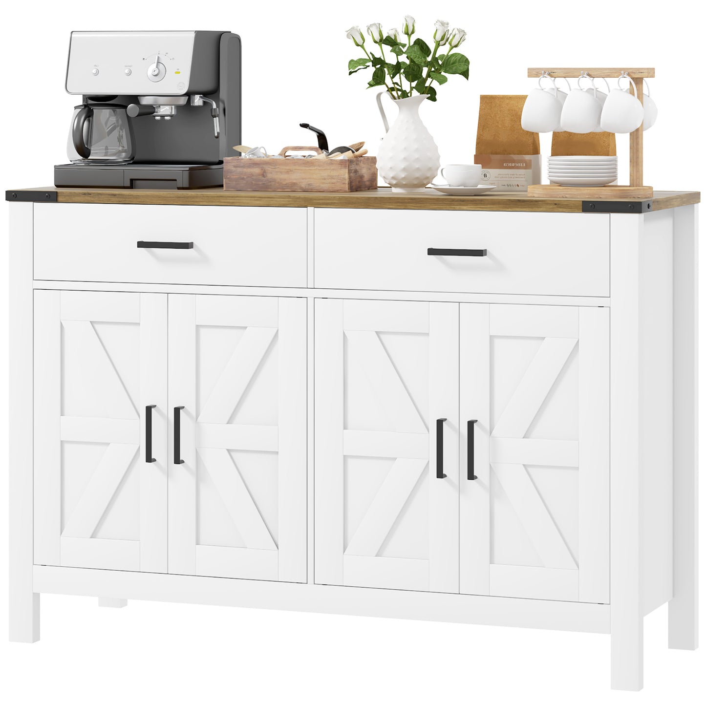 Farmhouse Buffet Cabinet Sideboard with 2 Drawers, 2 Storage Cabinets and Adjustable Shelves, White Bar Cabinets   at Gallery Canada