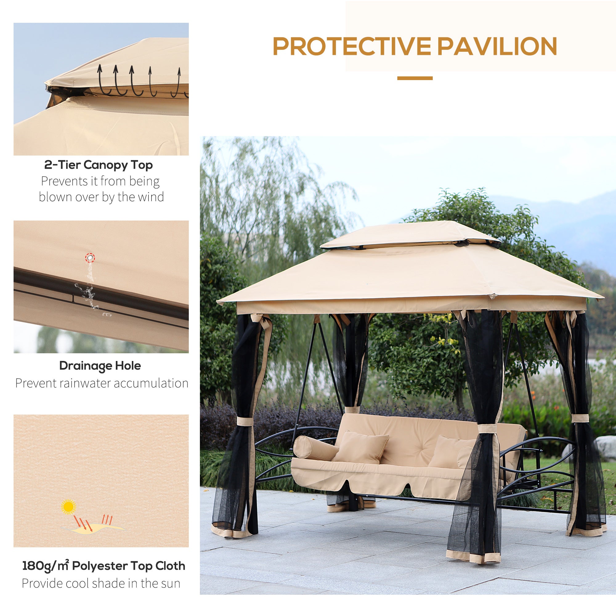3 Person Outdoor Patio Daybed 3 in 1 Canopy Gazebo Swing Chair Garden Hammock with Mesh Mosquito Net and Sun Shade, Beige Porch Swings with Canopy at Gallery Canada