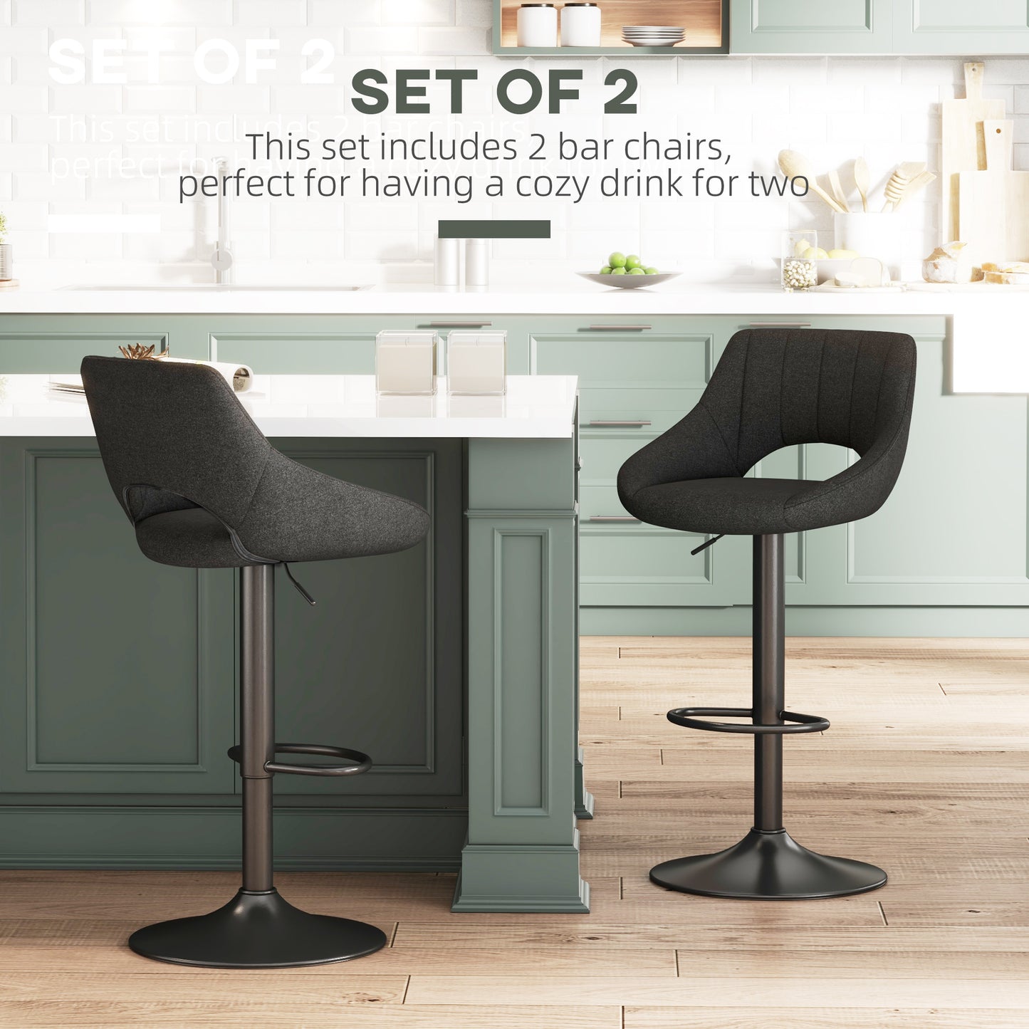 Swivel Bar Stools Set of 2, Linen Upholstered Counter Height Barstools with Round Metal Base Bar Stools at Gallery Canada