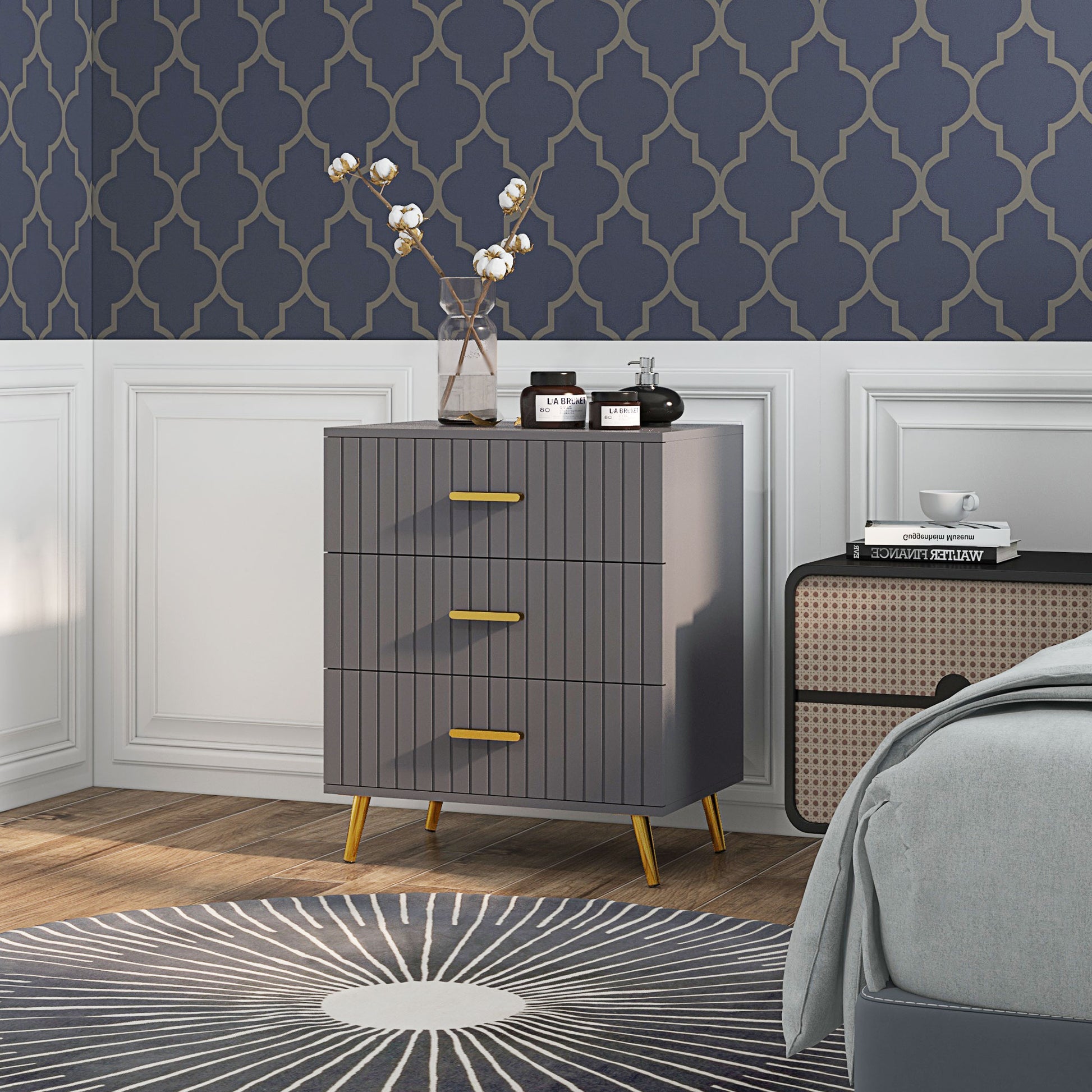 3 Drawer Cabinet, Drawer Chest for Bedroom, Chest of Drawers with Aluminium Legs and Gold Handles, Dark Grey Storage Cabinets Dark Grey  at Gallery Canada