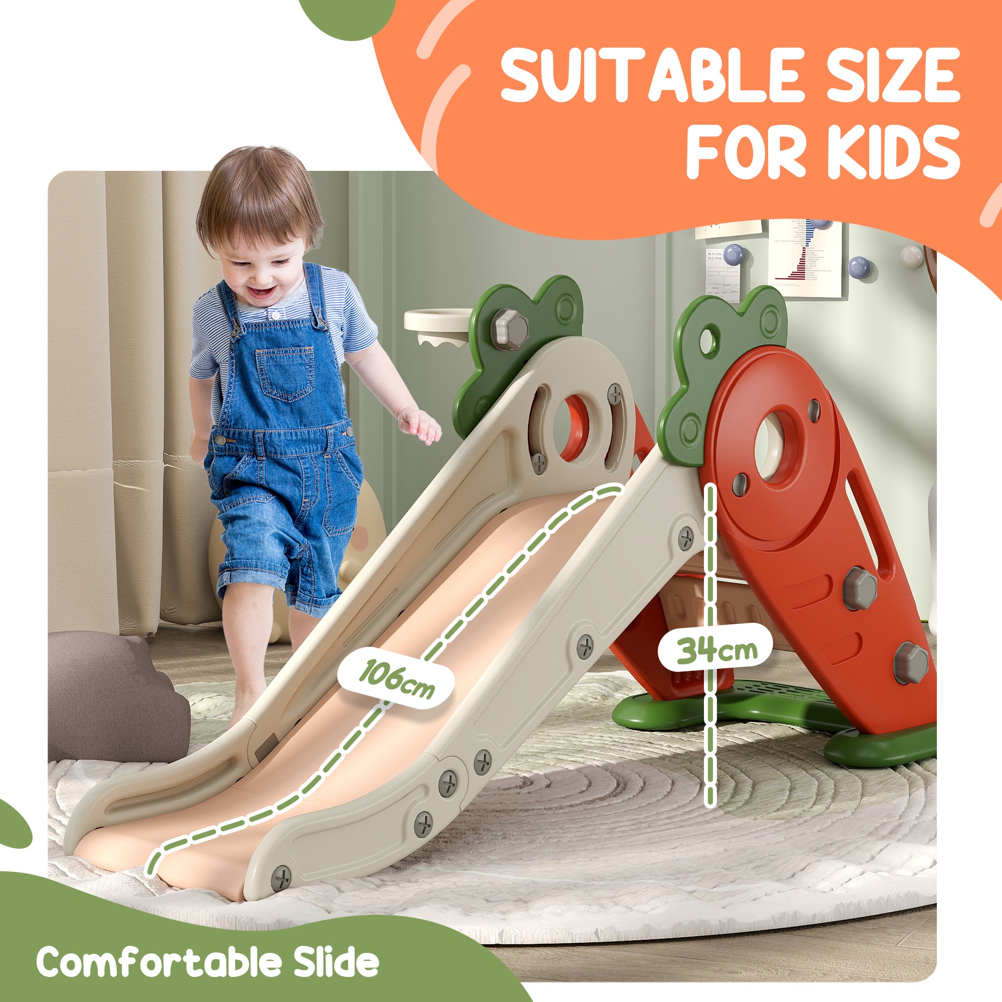 3 in 1 Foldable Toddler Slide with Basketball Hoop, Climber, for 1-3 Years Old, Orange Gym Sets & Swings at Gallery Canada