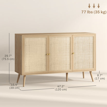 Kitchen Sideboard Cabinet, Boho Storage Cabinet with Shelves, Wood Legs, Decorative Rattan Doors, Natural Storage Cabinets   at Gallery Canada