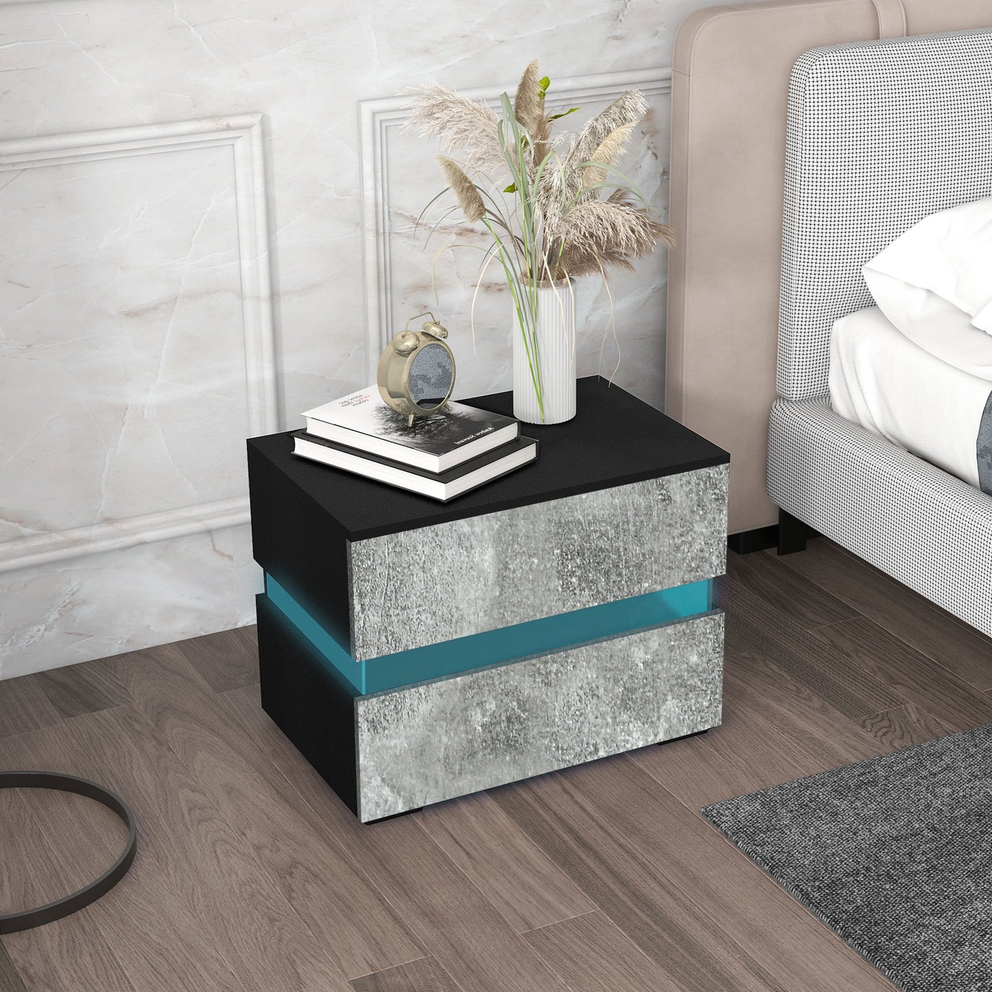 Modern Nightstand, Bedside Table with 2 Drawers, USB Powered RGB LED Lights, Remote for Bedroom, Grey Bedside Tables   at Gallery Canada