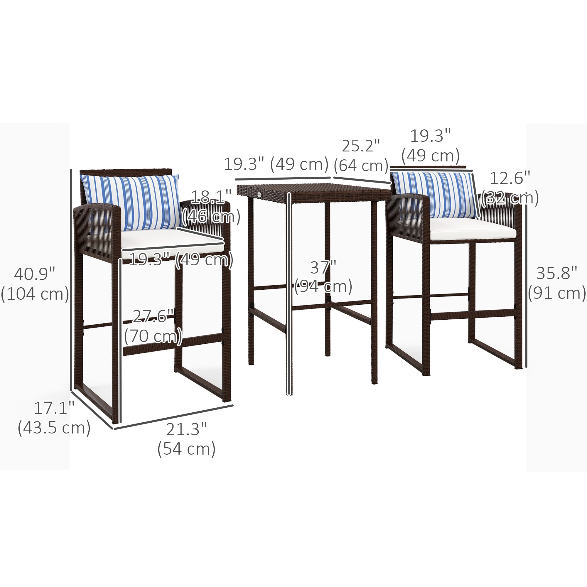 3-Piece Wicker Bar Set, Patio Bar Table Chair with Cushions, for Poolside, 25.2