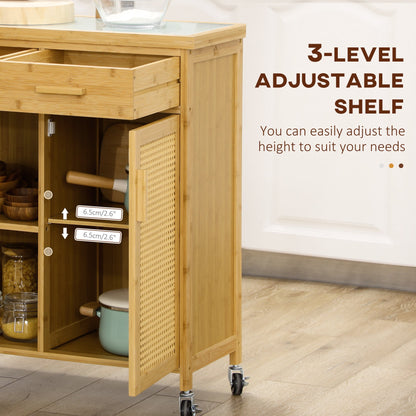 Bamboo Kitchen Island on Wheels, Rolling Kitchen Cart with Tempered Glass Top, 2 Drawers, Towel Racks, Open Compartments, Rattan Door Cabinet, Natural Kitchen Islands & Kitchen Carts   at Gallery Canada