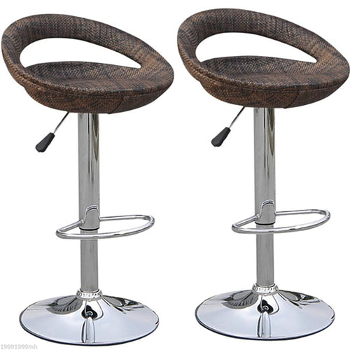 Set of 2 Pub Bar Stools Rattan Wicker Chair Chrome Finish Adjustable Swivel Seat, Deep Brown