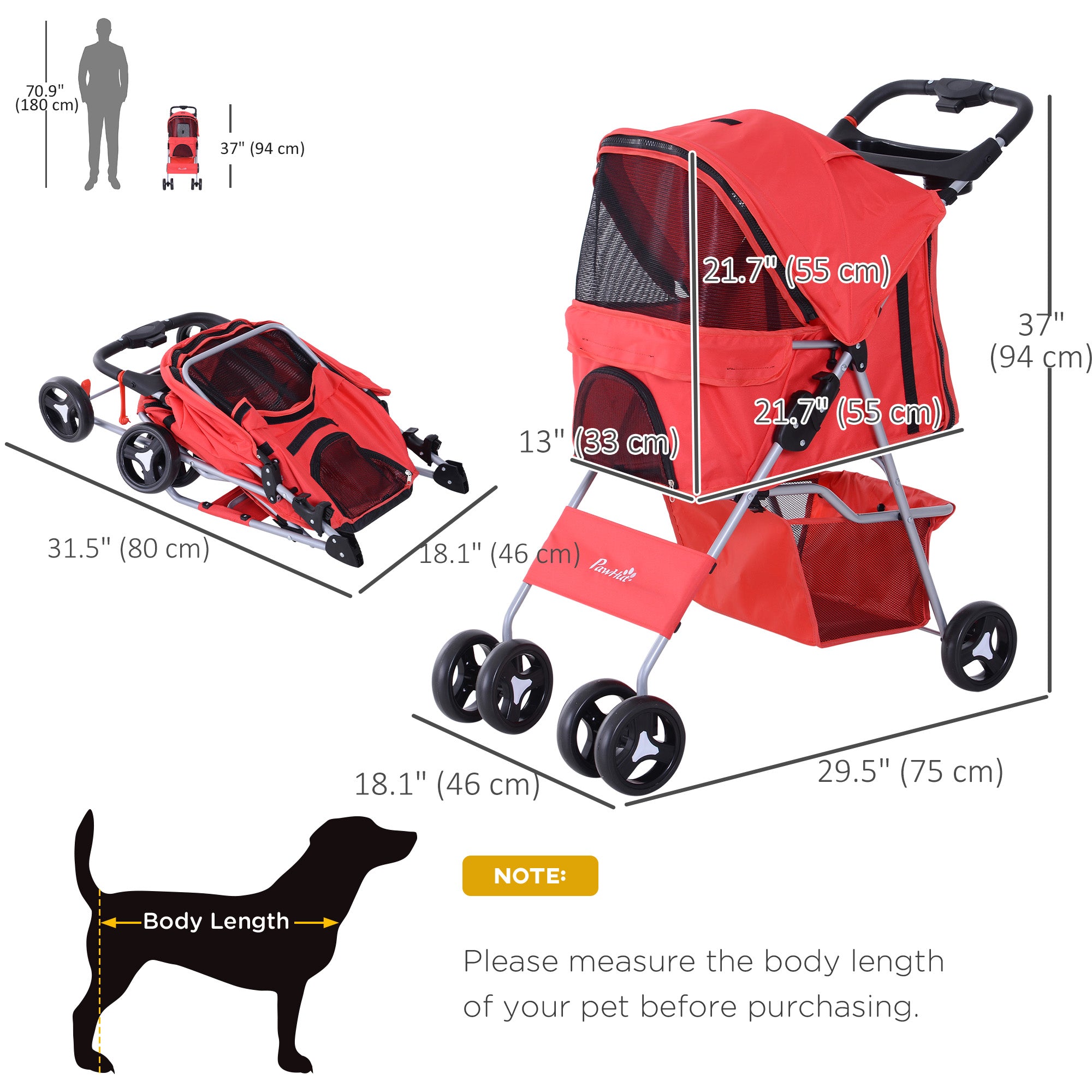 Pet Stroller Foldable Carrier for Cat, Dog and More 4 Wheels Travel Jogger with Cup Holder, Storage Basket, 360 ° swiveling front wheels, Easy Fold, Red Dog Bike Trailers & Strollers at Gallery Canada