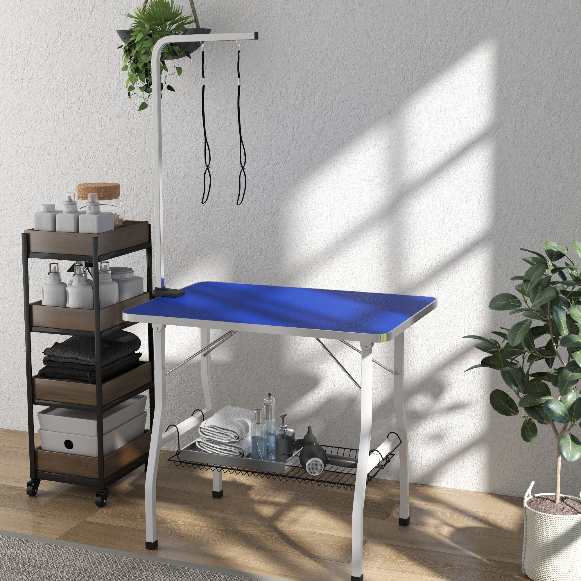 Dog Grooming Table w/ Adjustable Arm, Mesh Tray, Two Nooses, Rubber Surface, 35