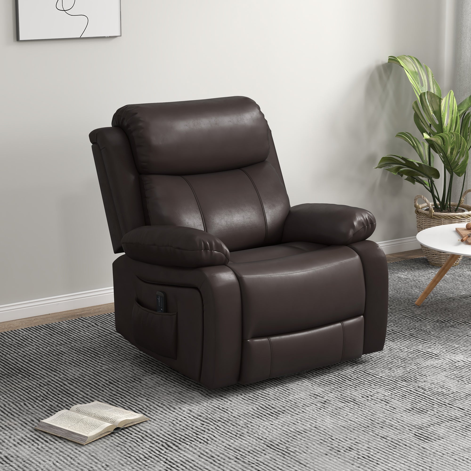 PU Leather Reclining Chair with Vibration Massage Recliner, Swivel Base, Rocking Function, Remote Control, Brown Single Sofas at Gallery Canada