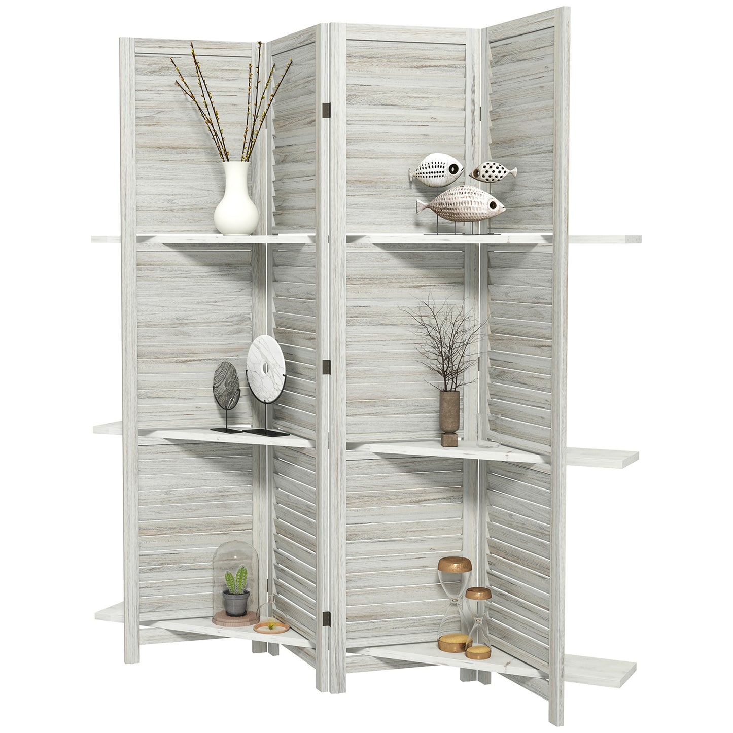 4-Panel Wall Partition Room Separator with 3 Storage Shelves Foldable Design Wooden Frame 5.6FT Distressed White Room Dividers at Gallery Canada