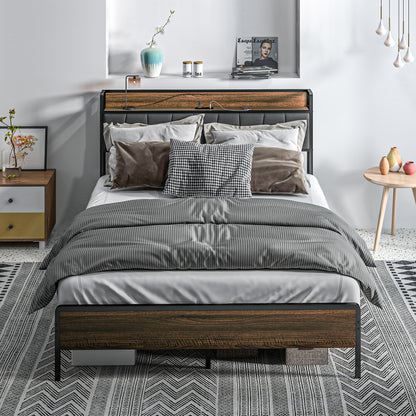 Full Size Bed Frame with Charging Station, Full Bed Frame with Upholstered Headboard and Storage Shelf, Walnut Bed Frames at Gallery Canada