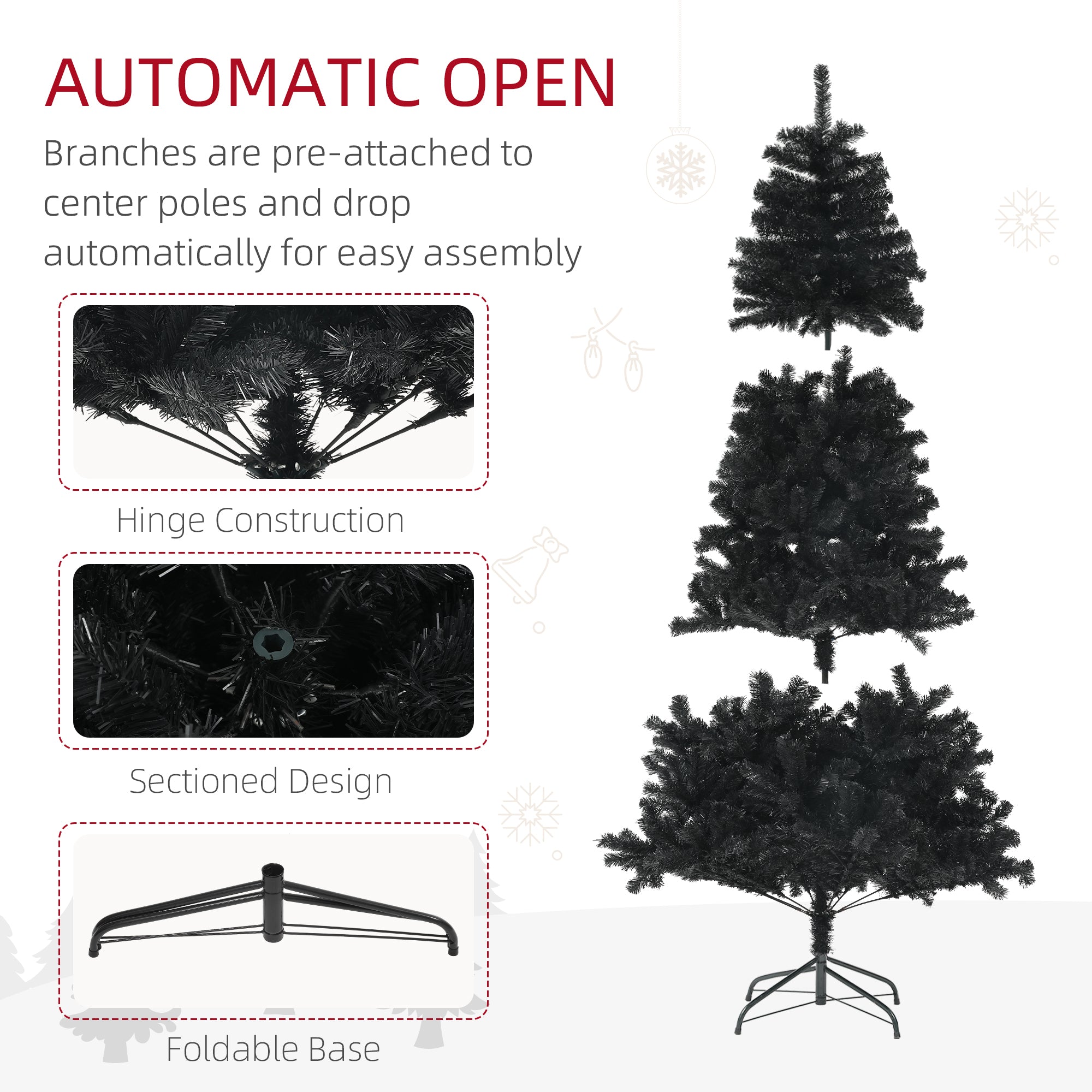 6ft Artificial Christmas Trees with Auto Open and Steel Base, Black Artificial Christmas Trees   at Gallery Canada