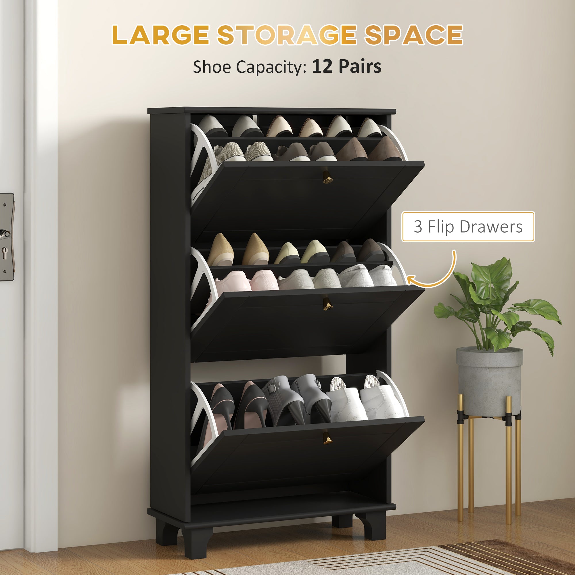 Narrow Shoe Storage with 3 Flip Drawers and Adjustable Shelves, Shoe Cabinet Organizer for 12 Pairs of Shoes, Black Shoe Storage Cabinets & Racks   at Gallery Canada