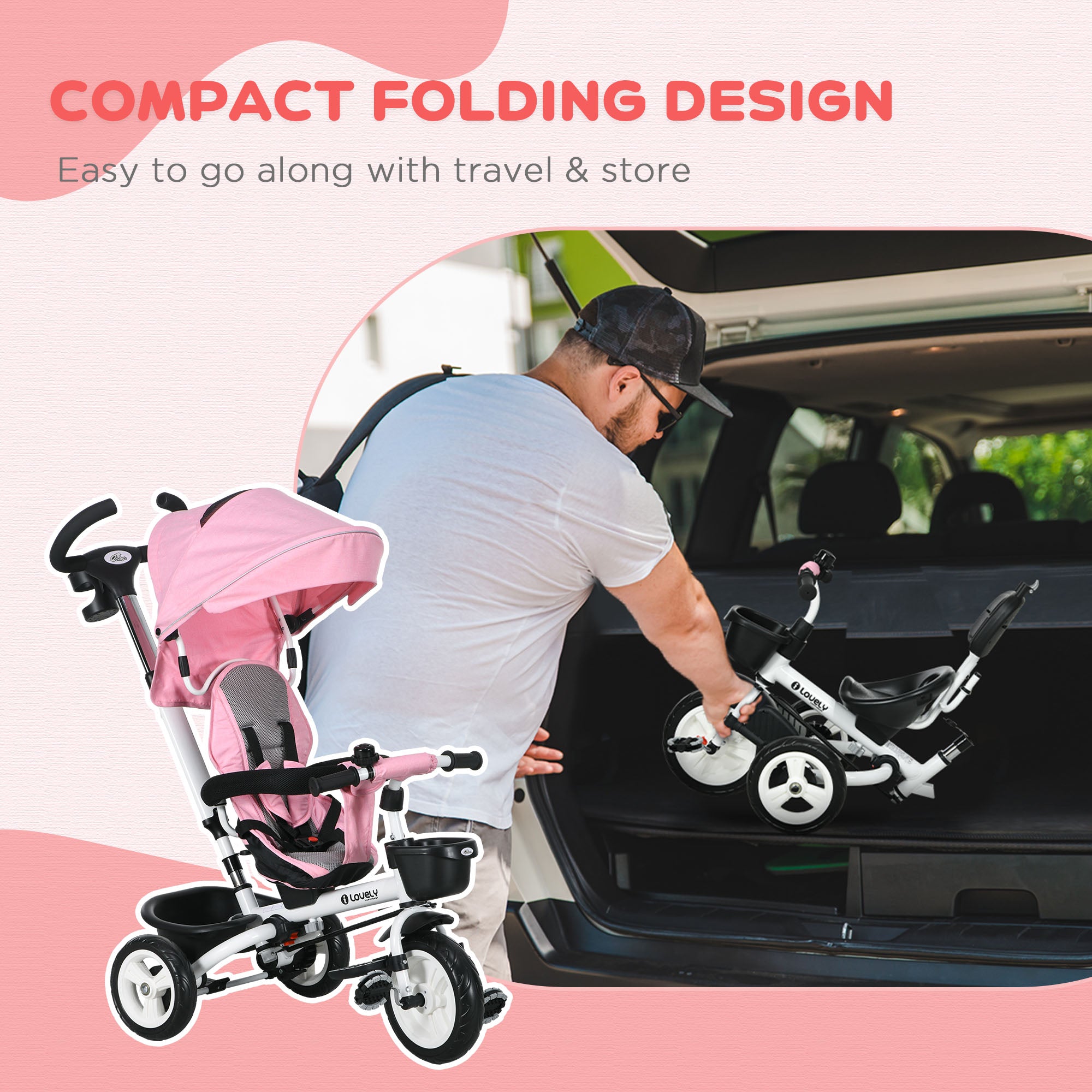 6 in 1 Toddler Tricycle with Parent Push Handle, Canopy, Storage Baskets, Cupholder, Pink Tricycles for Kids at Gallery Canada