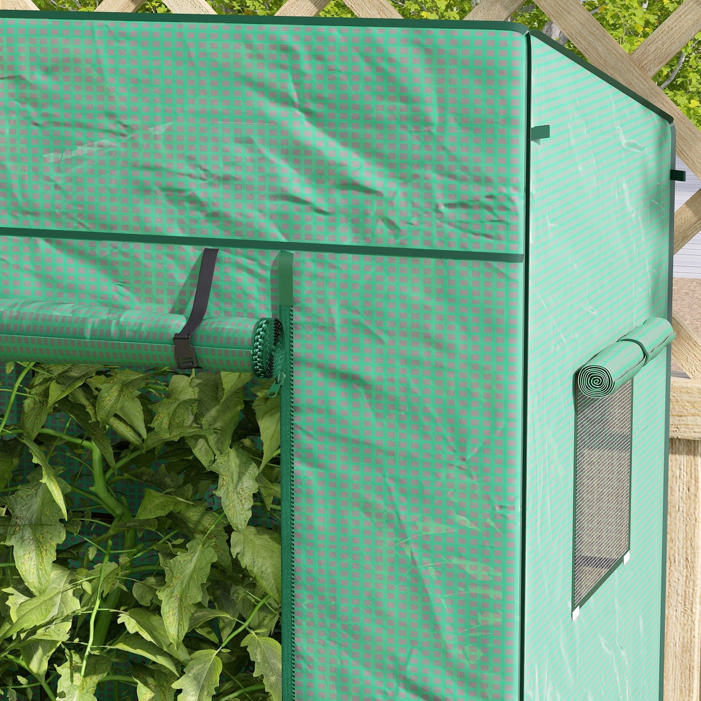 Walk-in Tomato Greenhouse Lean-to Green House with Reinforced PE Cover, Roll-up Door, Mesh Windows, Green Greenhouses   at Gallery Canada