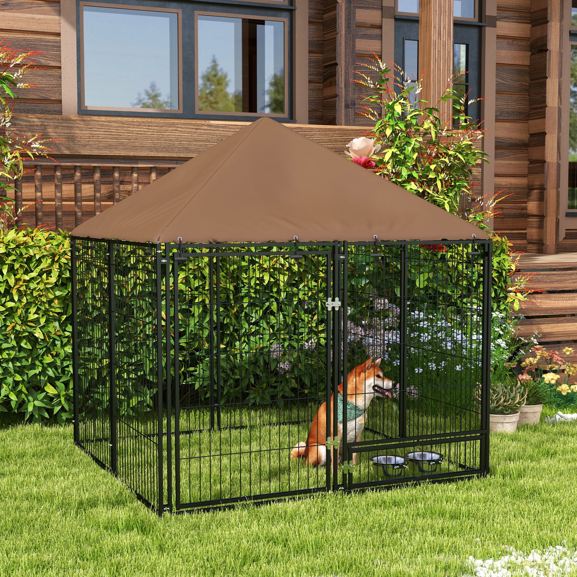 4.6' x 4.6' x 5' Outdoor Dog Kennel with Canopy, Rotating Bowls, Coffee Houses, Kennels & Pens at Gallery Canada
