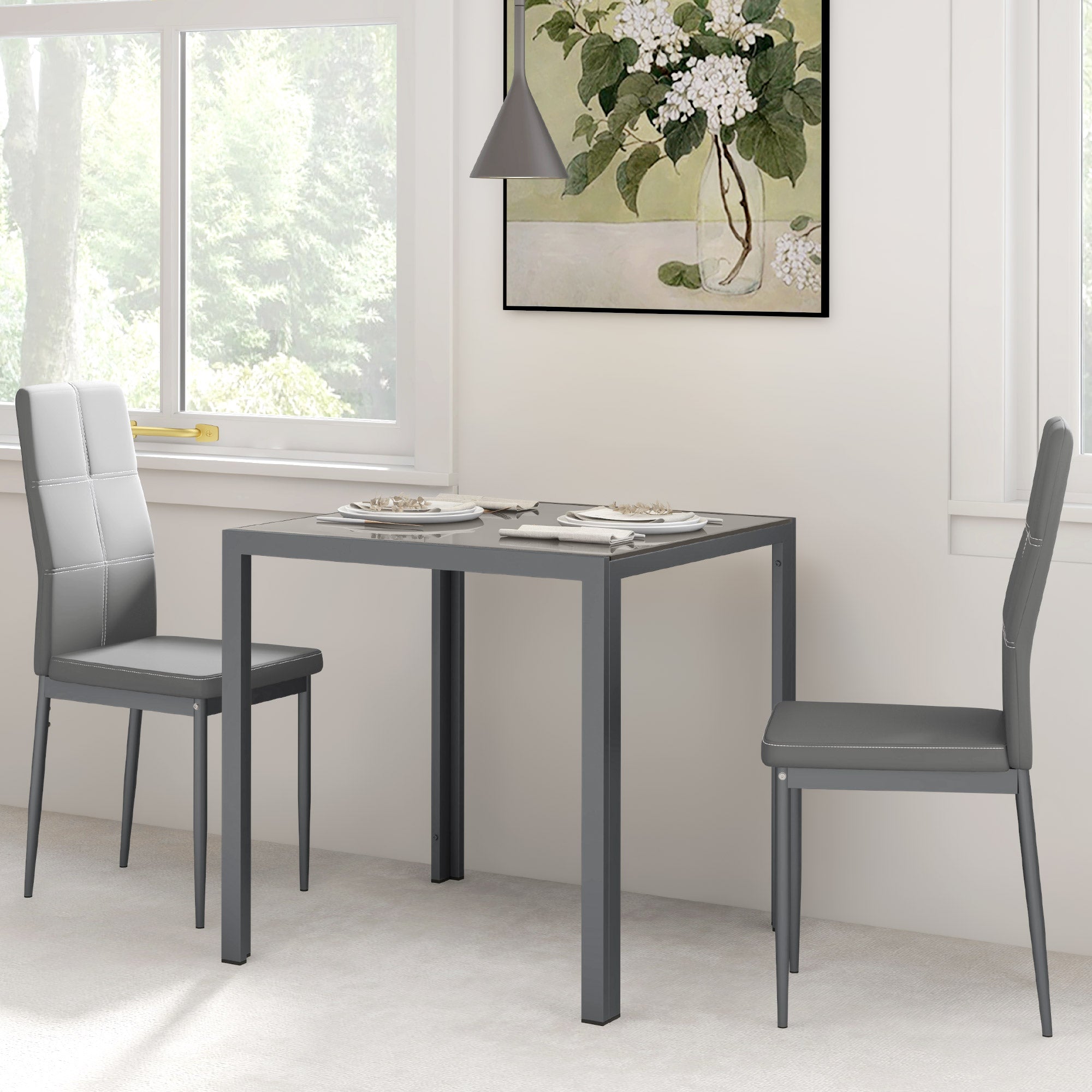 3-Piece Rectangular Glass Kitchen Table and Chairs with Metal Frame and Faux Leather Upholstery for Dining Room, Grey Bar Sets   at Gallery Canada