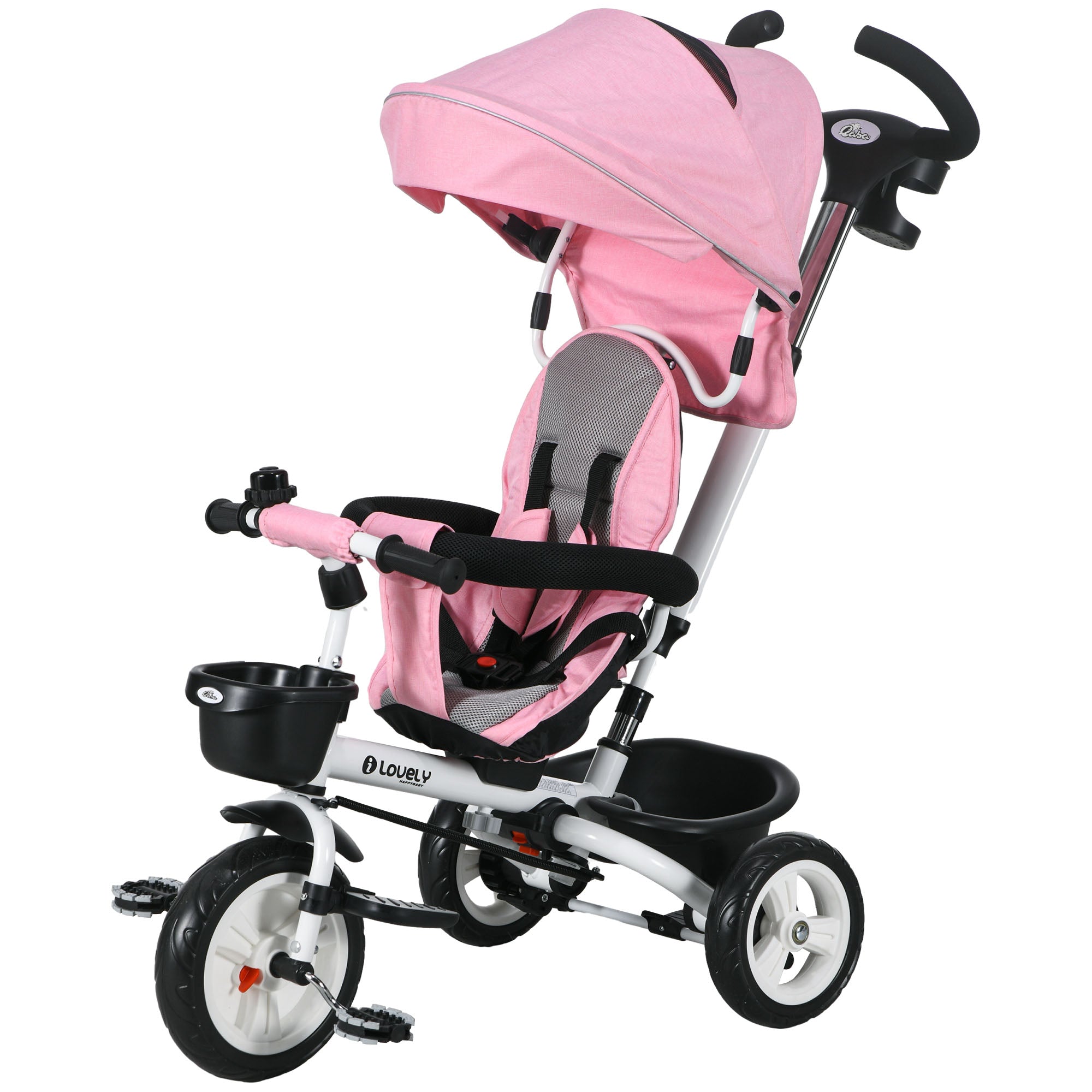 6 in 1 Toddler Tricycle with Parent Push Handle, Canopy, Storage Baskets, Cupholder, Pink Tricycles for Kids Pink, White at Gallery Canada