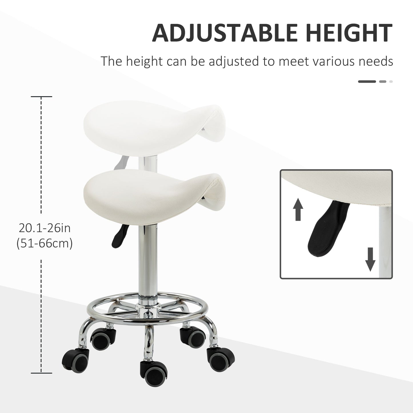 Saddle Stool, PU Leather Adjustable Rolling Salon Chair for Massage, Spa, Clinic, Beauty and Tattoo, White Salon Stools   at Gallery Canada