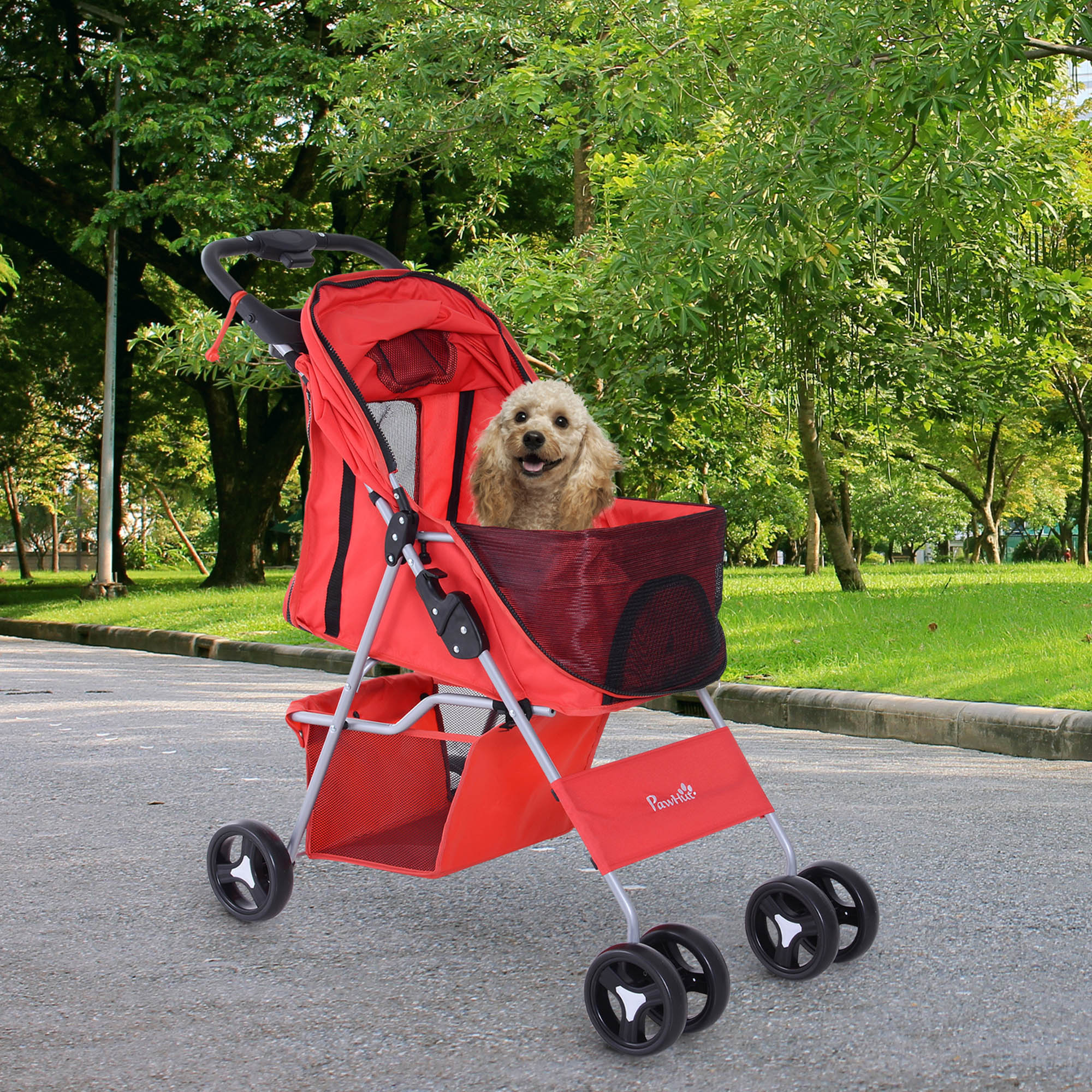 Foldable Pet Stroller Carrier with 4 Wheels, Cup Holder, Storage Basket, Red Dog Bike Trailers & Strollers   at Gallery Canada