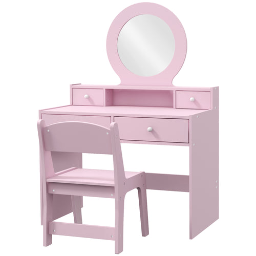 Kids Vanity Set, Children Makeup Table with Mirror, Stool and Storage Drawers, for Ages 3-8, Pink