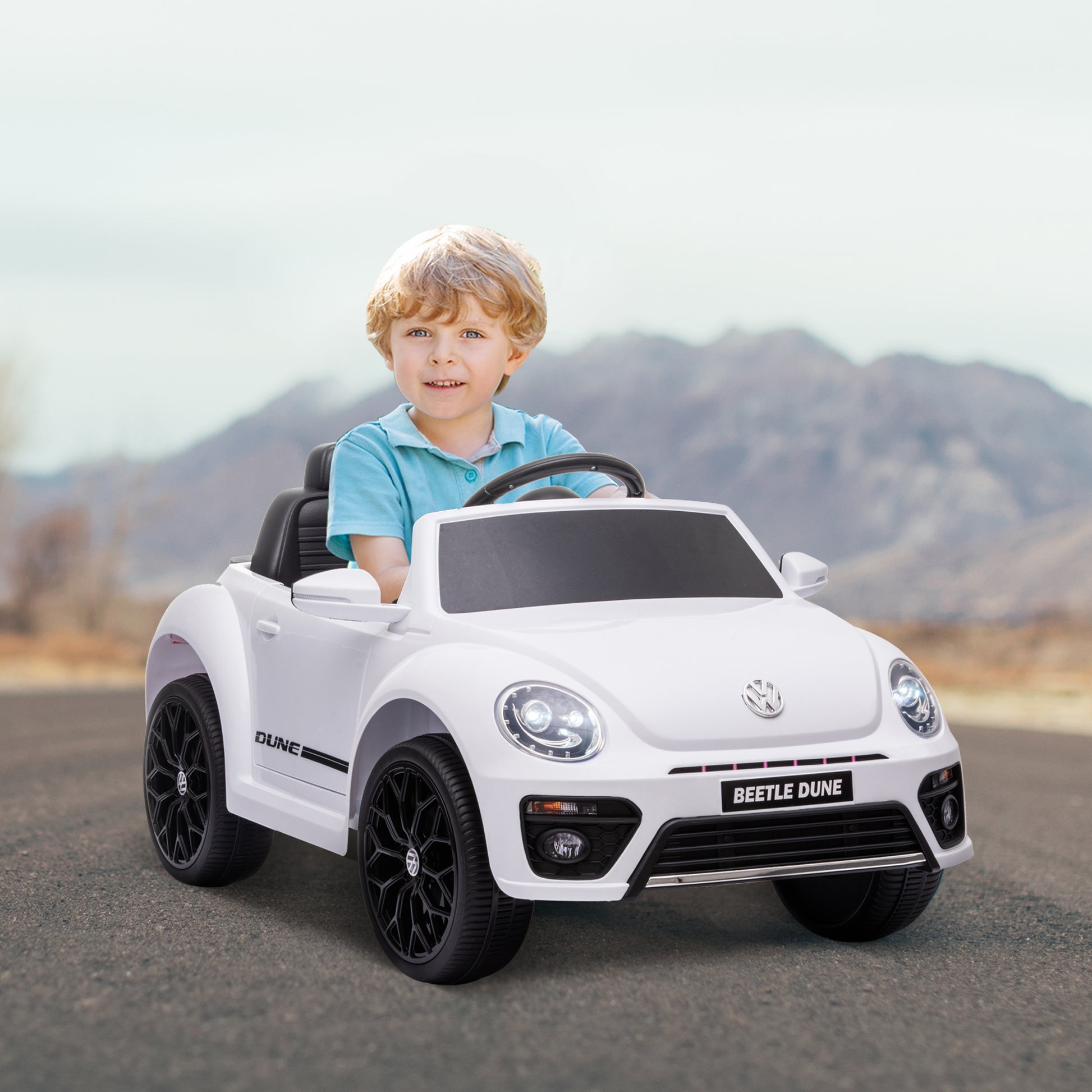 12V Volkswagen Beetle Licensed Electric Car for Kids w/ Remote Control, 4 Spring Suspension Wheels, Soft Start, White Electric Toy Cars   at Gallery Canada