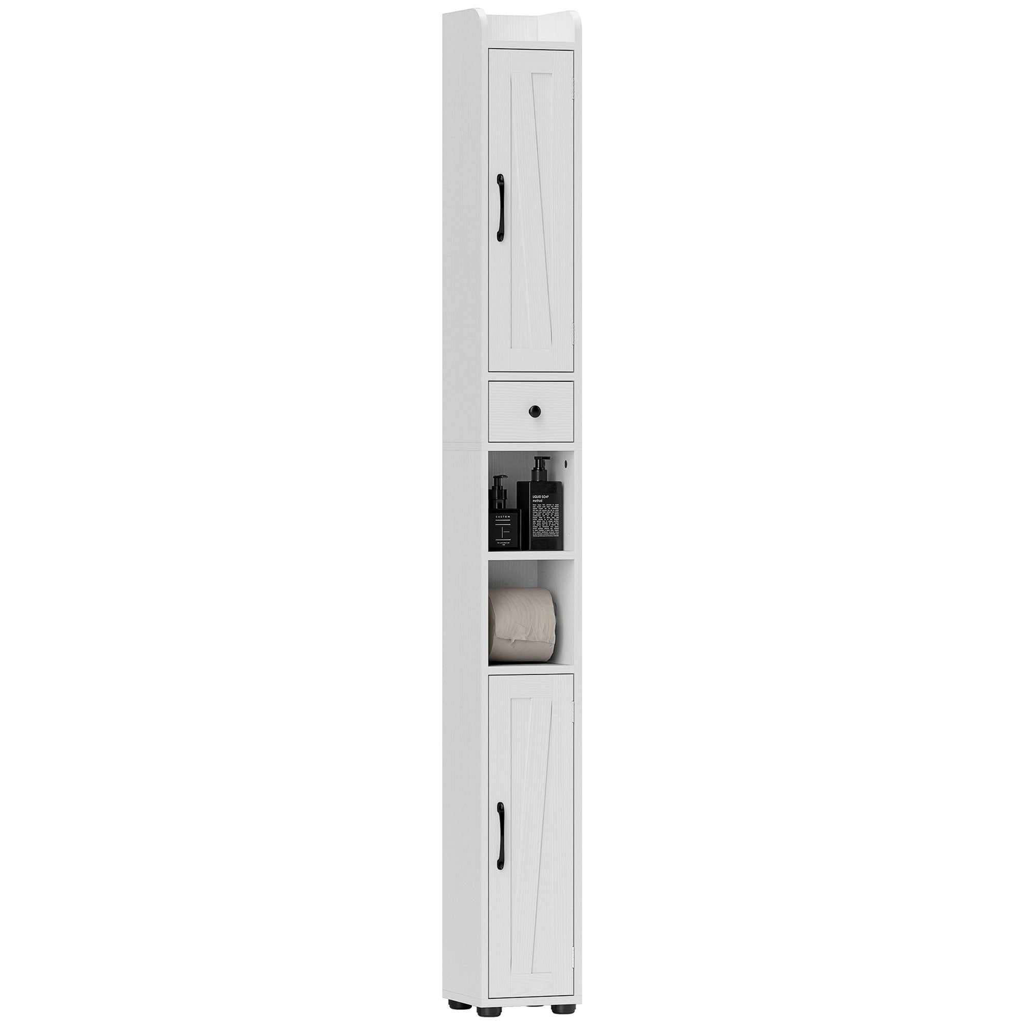 Narrow Bathroom Cabinet, Tall Bathroom Storage Cabinet with Barn Doors, Drawer and Adjustable Shelves, White Wood Grain Bathroom Cabinets at Gallery Canada