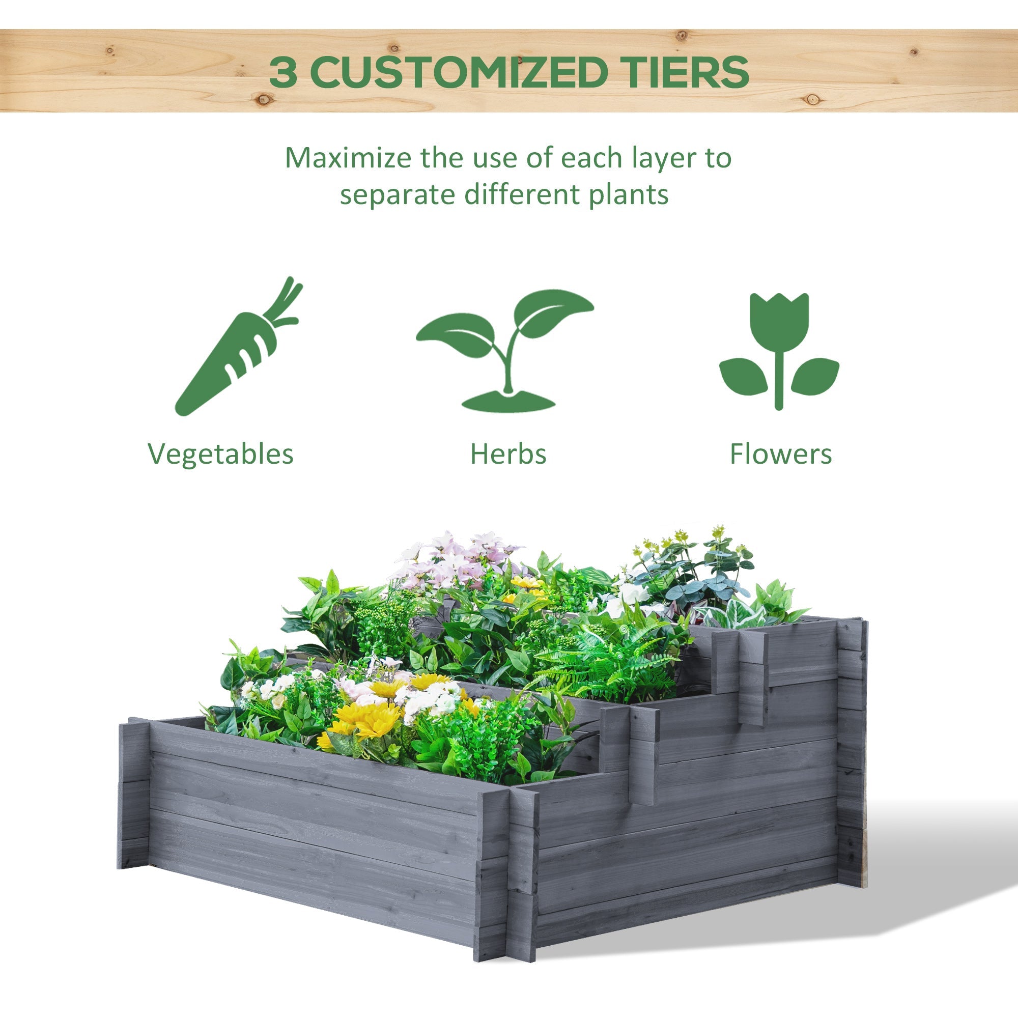 3-Tier Wood Raised Garden Bed, Elevated Planting Box, Outdoor Vegetable Flower Container, Herb Garden Indoor Kit, Gray Wooden Planter Boxes   at Gallery Canada