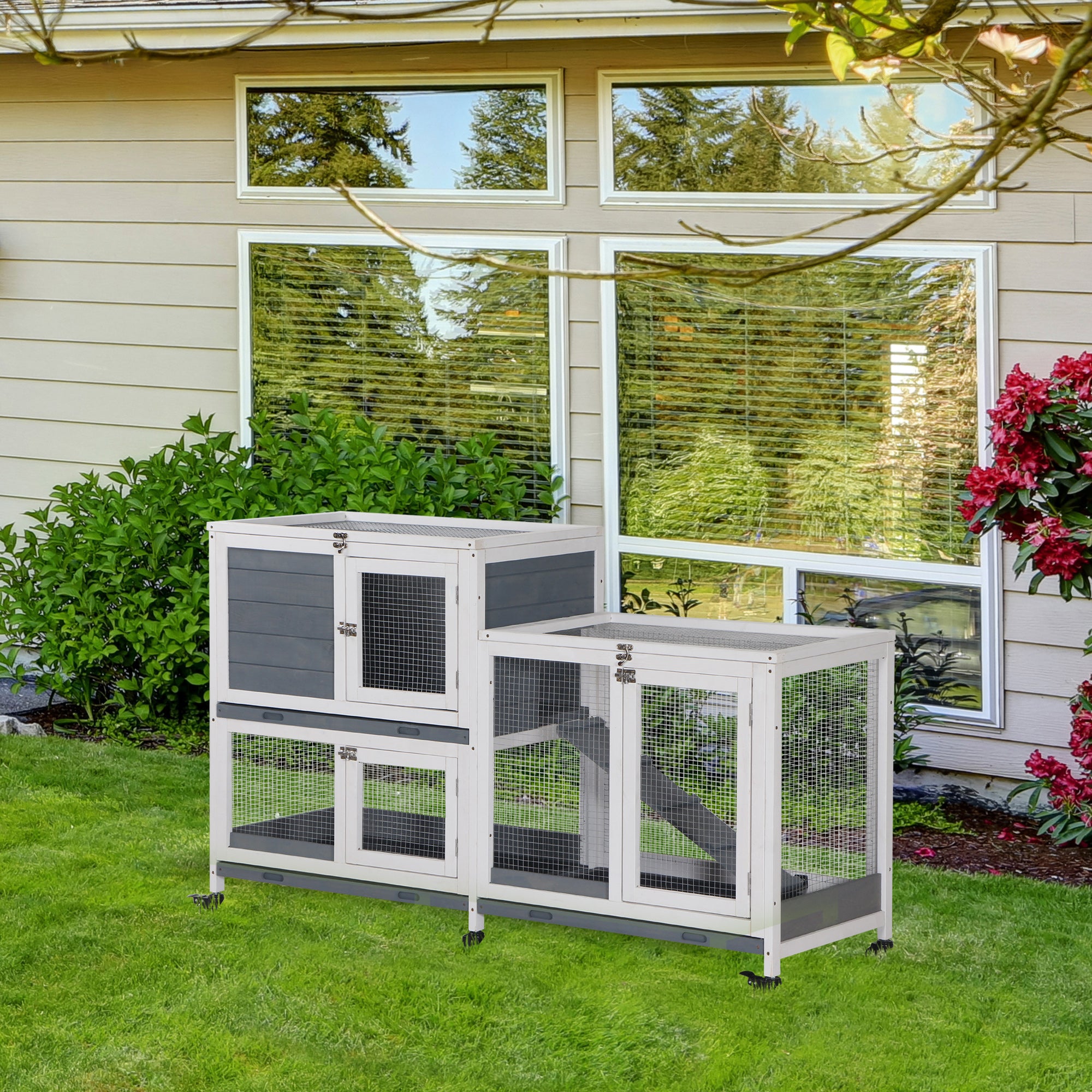 Wooden Rabbit Hutch Elevated Pet House Bunny Cage Small Animal Habitat with Slide-out Tray Lockable Door Openable Top for Indoor 58