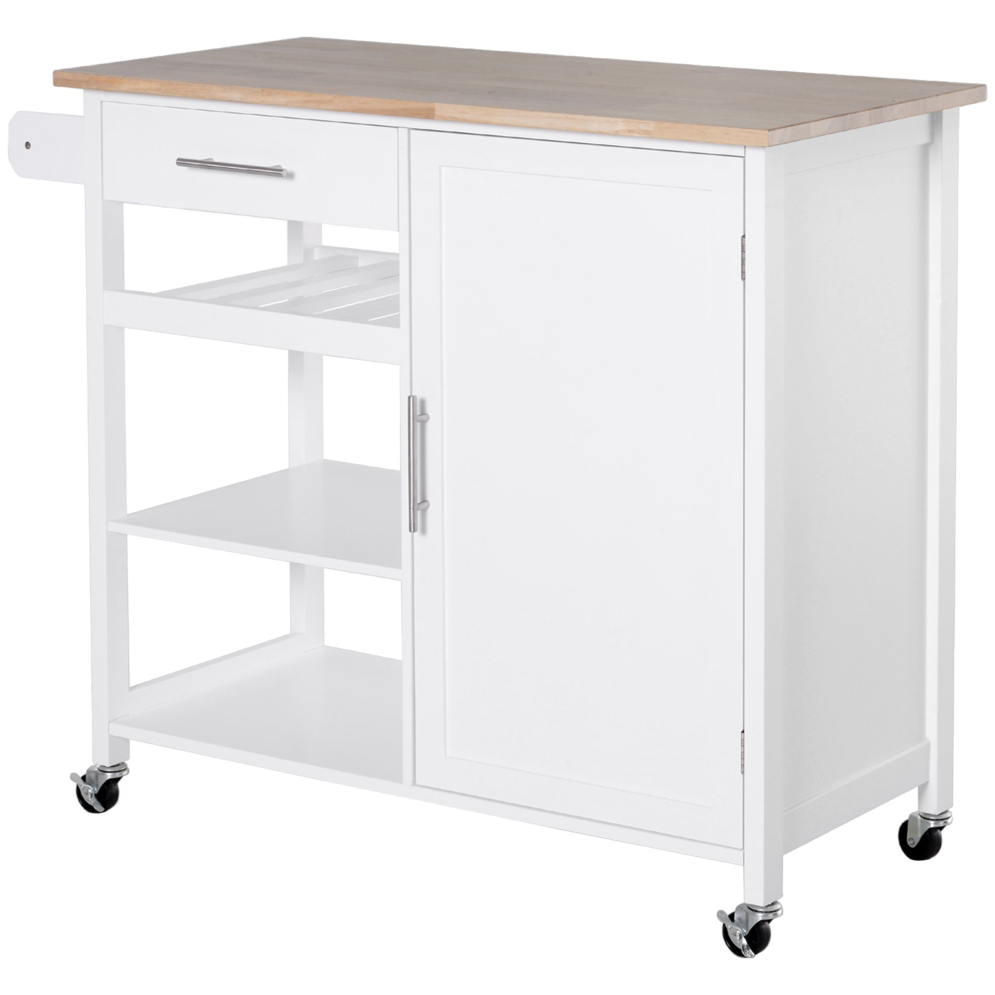 4-Tier Rolling Kitchen Island Utility Trolley Serving Cart Kitchen Storage Cart w/ Towel Rack, Butcher Block Countertop, Cabinet, Drawer, Shelves, White Kitchen Islands & Kitchen Carts at Gallery Canada