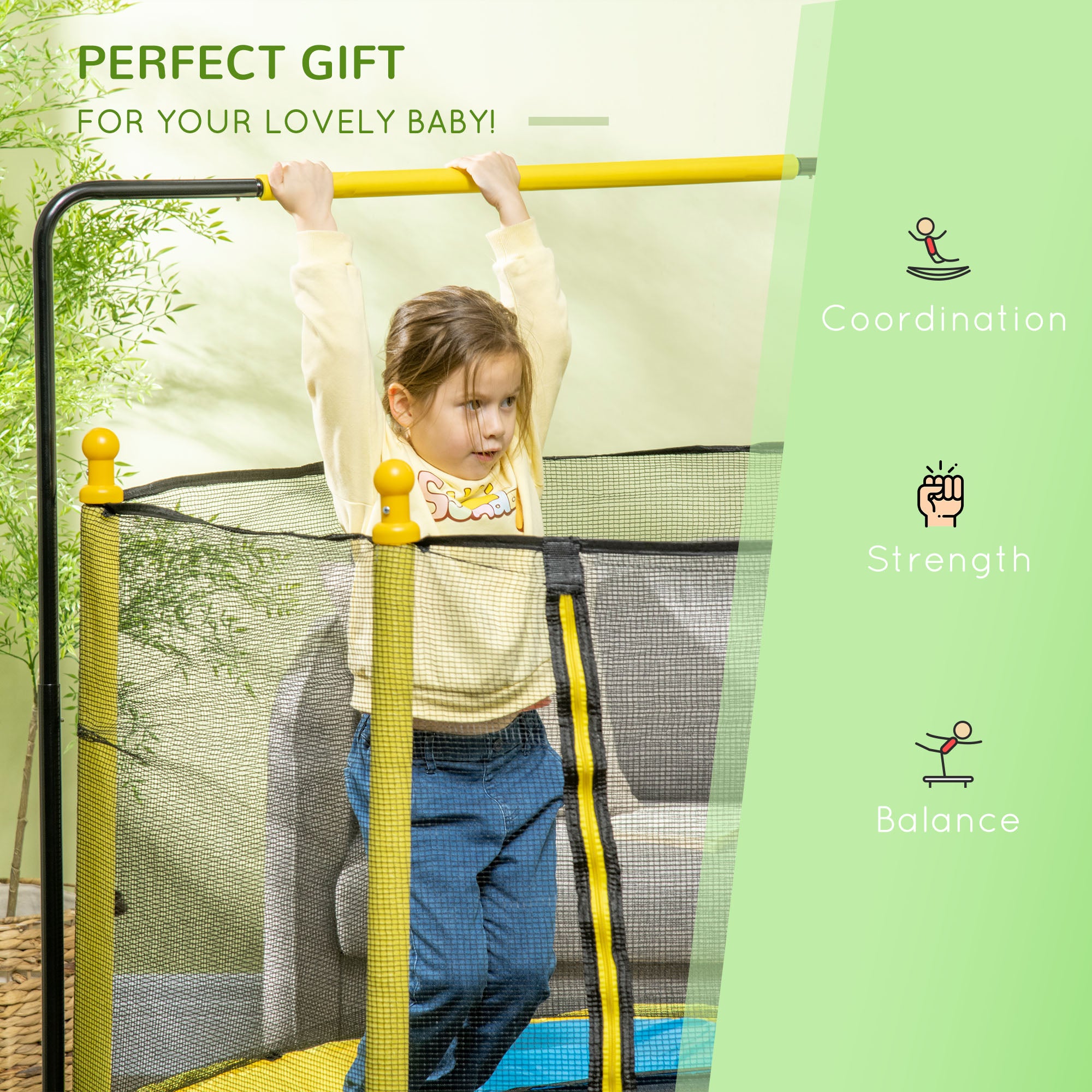 4.6ft Kids Trampoline with Basketball Hoop, Horizontal Bar with Net for Children Ages 3-10, Yellow Trampolines at Gallery Canada