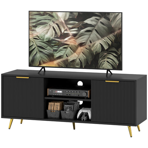 TV Stand with Storage for 55 Inch TV, Modern TV Cabinet with 2 Open Shelves and 2 Cabinets for Living Room, Black