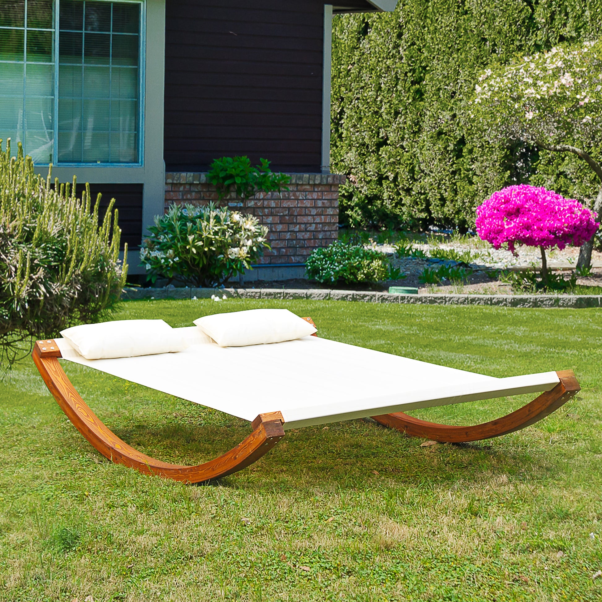 Rocking Double Sun Lounger Hammock with Curved Wooden Stand Outdoor Yard Patio, White Teak Lounger Chairs White & Teak colour  at Gallery Canada