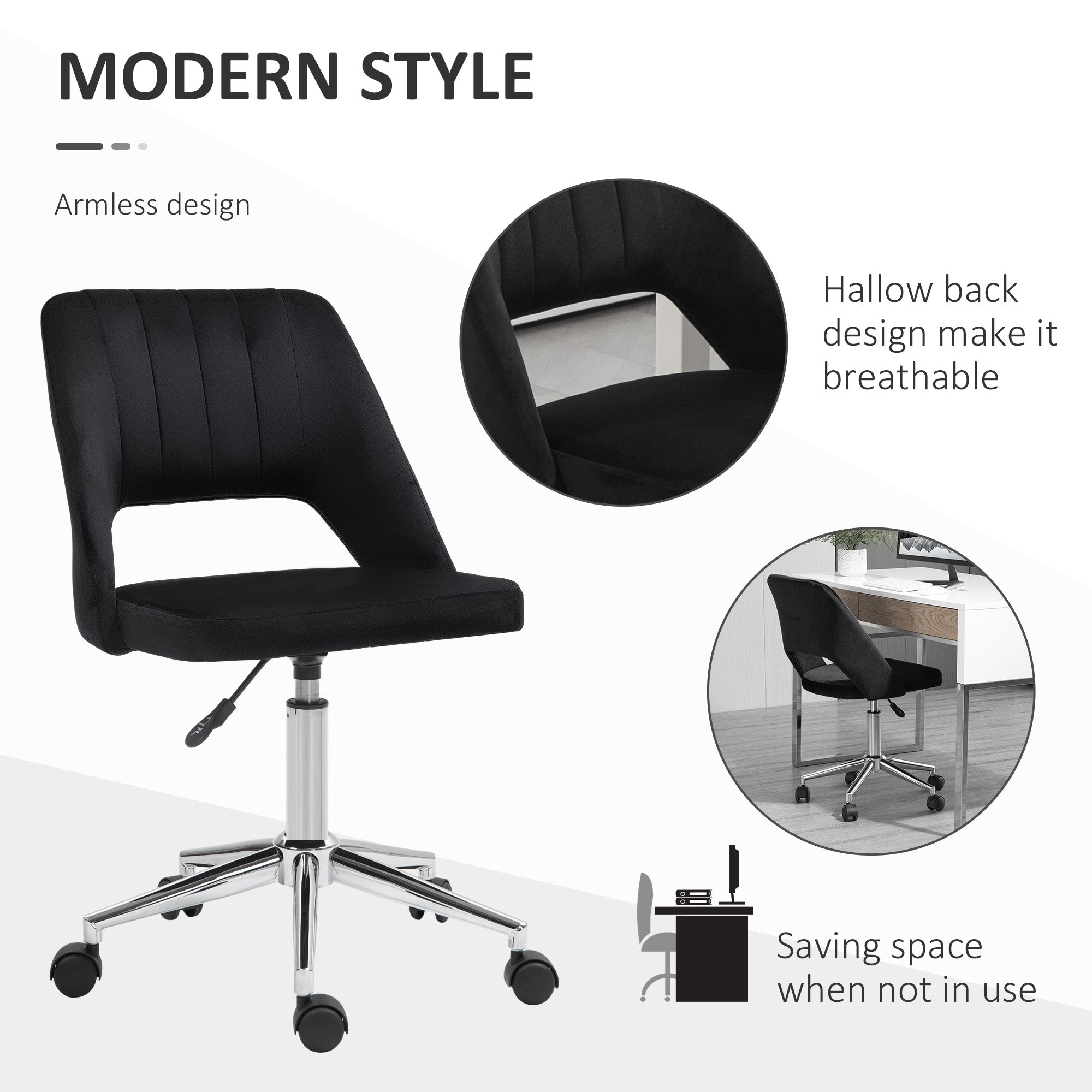 Mid Back Office Chair Velvet Fabric Swivel Scallop Shape Computer Desk Chair, Black Office Chairs at Gallery Canada