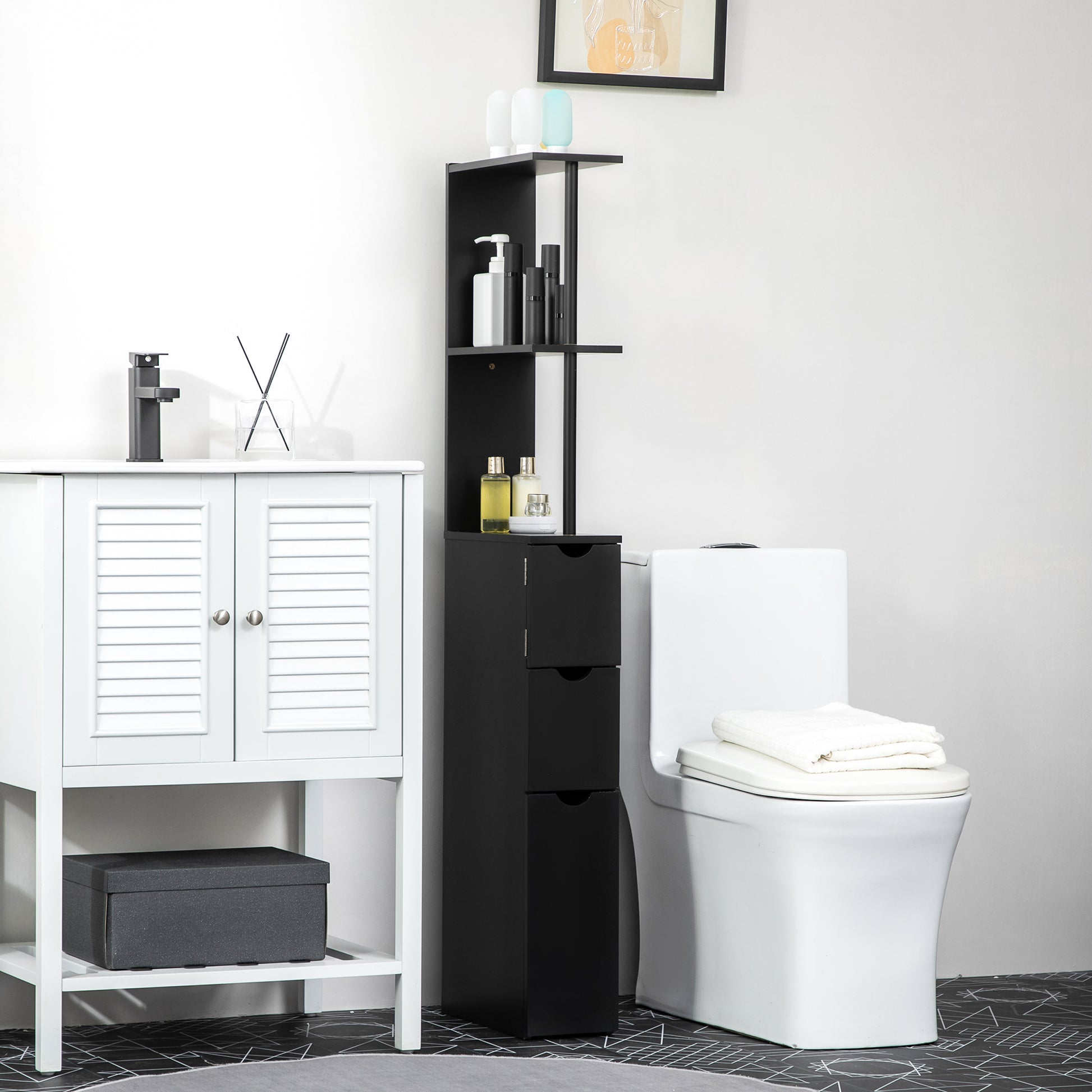 Tall Bathroom Storage Cabinet, Narrow Bathroom Cabinet with Drawers and Open Shelves for Small Spaces, Black Bathroom Cabinets   at Gallery Canada