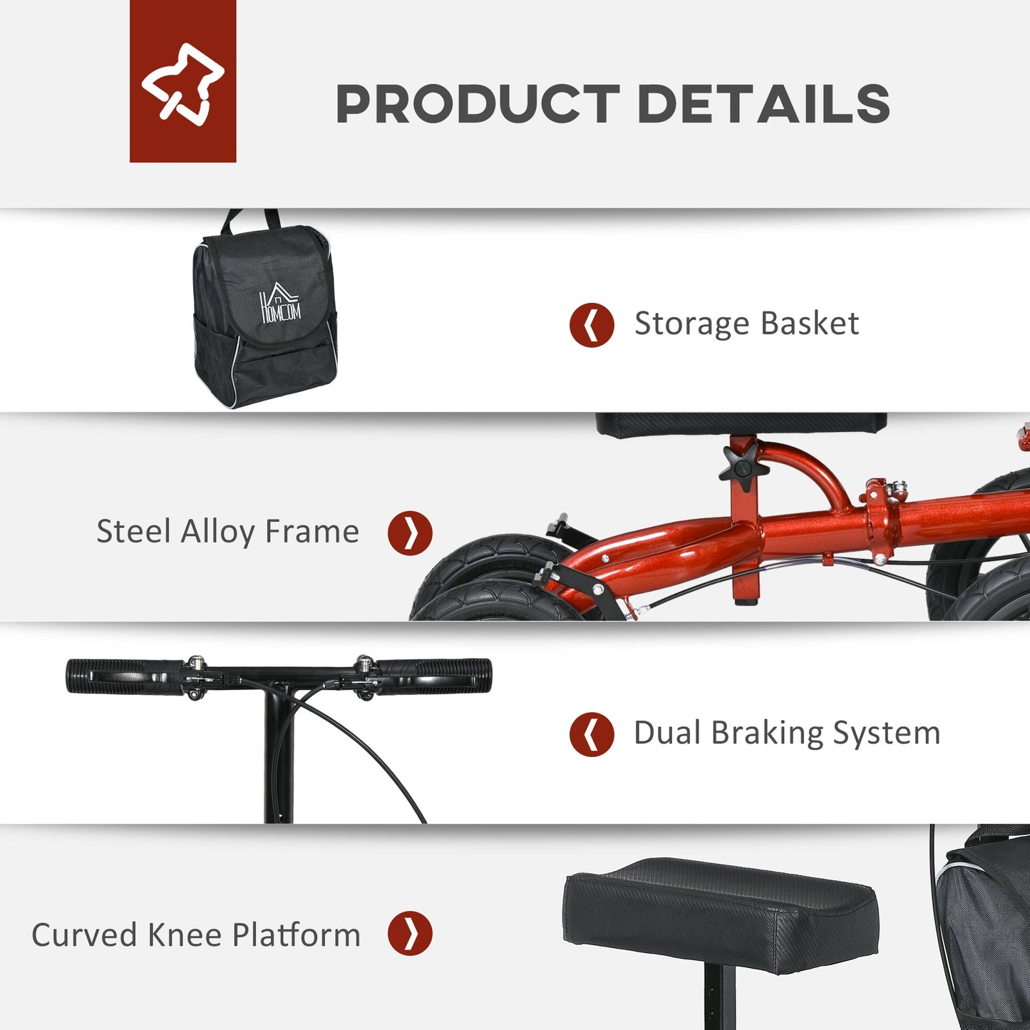 Adjustable Steerable Knee Walker, Foldable Knee Scooter with Rubber Wheels, Dual Brake, Crutch Alternative, Red Knee Walker & Wheelchair Ramps   at Gallery Canada