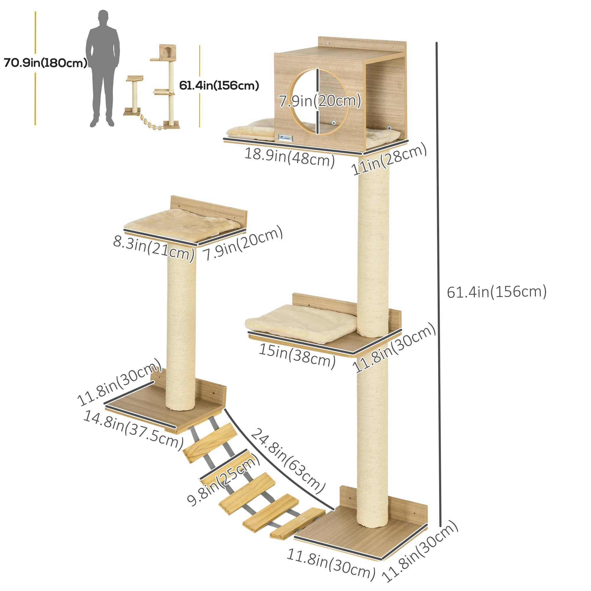 Wall Mounted Cat Tree with Scratching Post Condo Bridge Cushion Cat Climbing Shelves Furniture, Yellow Cat Climbing Wall   at Gallery Canada