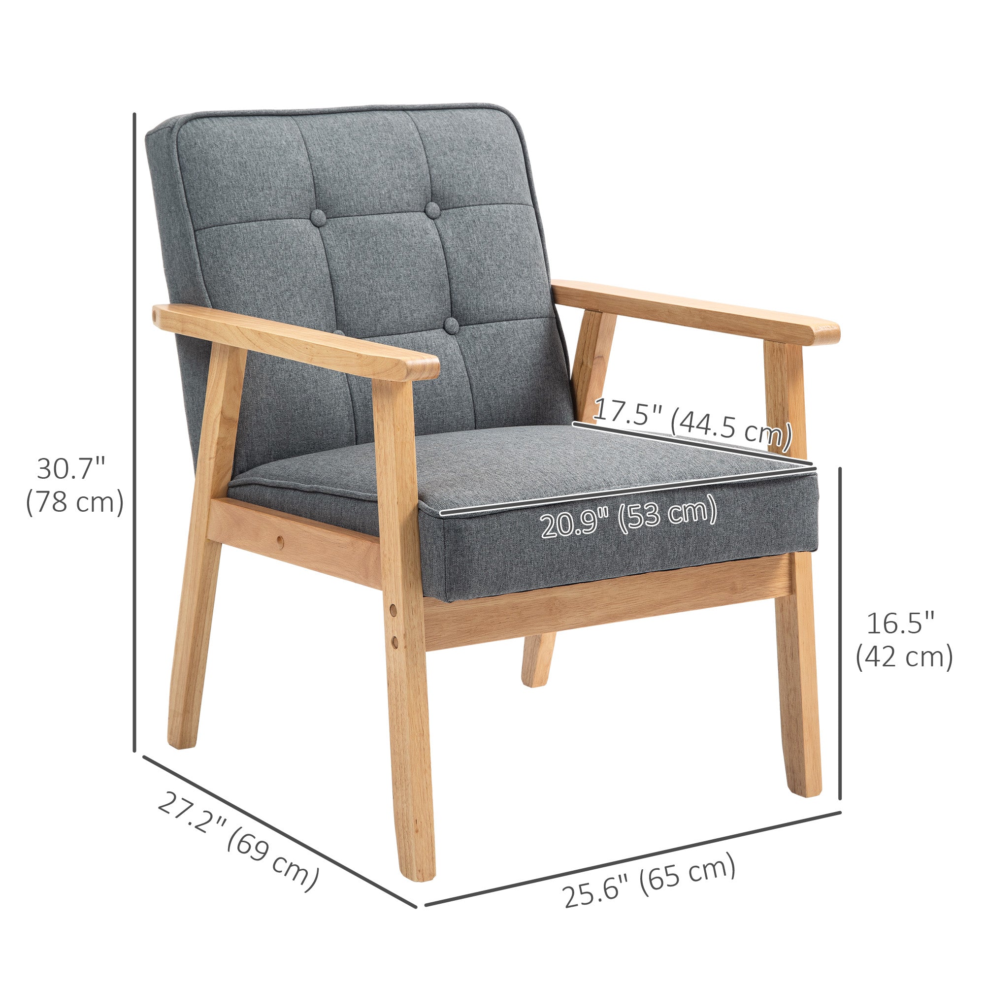 Modern Accent Chair with Button Tufted Back, Line-feel Fabric Armchair with Solid Wood Frame for Bedroom, Grey Accent Chairs at Gallery Canada