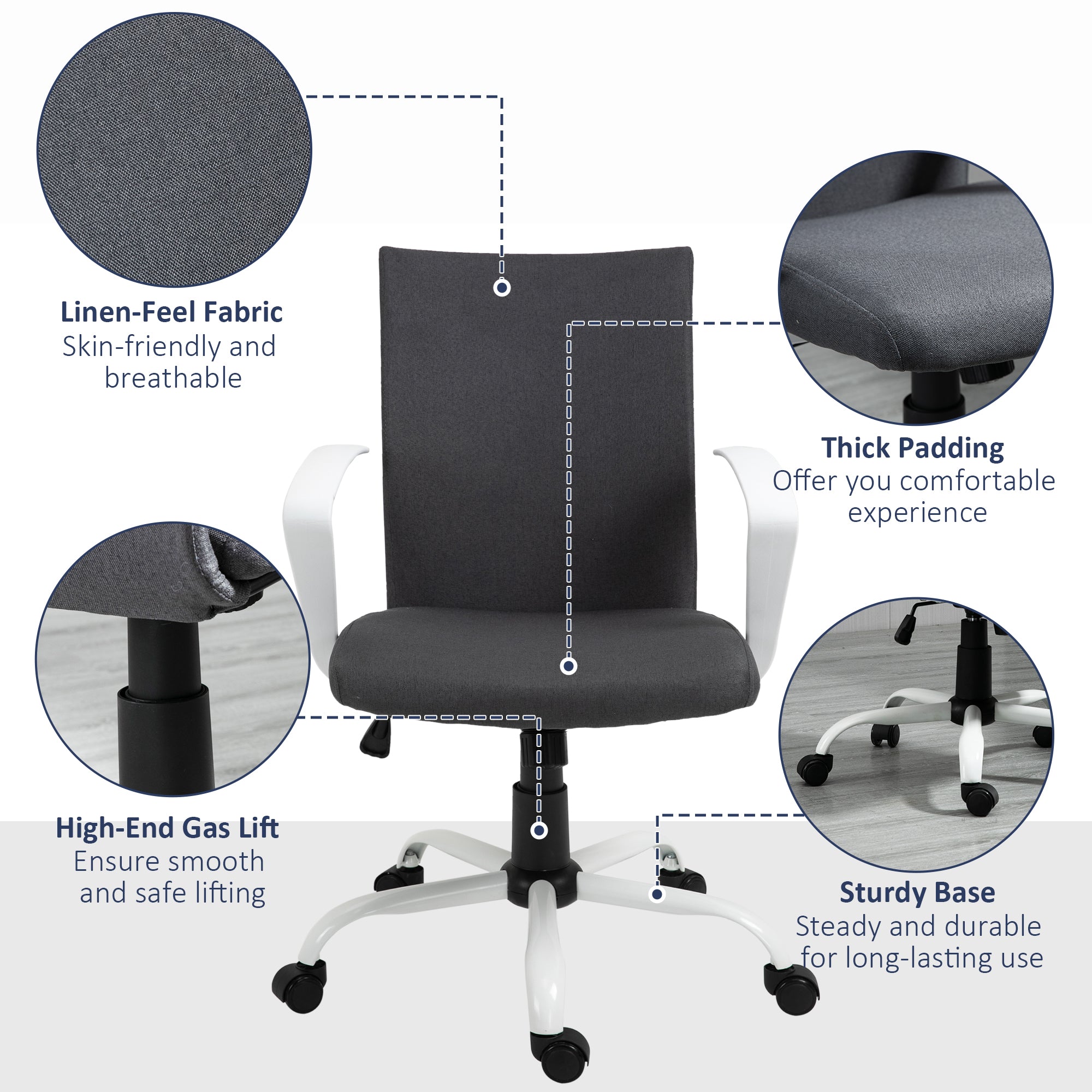 Linen Mid Back Office Chair With Tilt Function, Swivel Computer Chair, Charcoal Grey Task Chairs at Gallery Canada