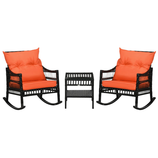 3 Pieces Outdoor PE Rattan Rocker Chair Set, Rocking Chair with Tempered Glass Table Top,25"x26"x28", Orange - Gallery Canada
