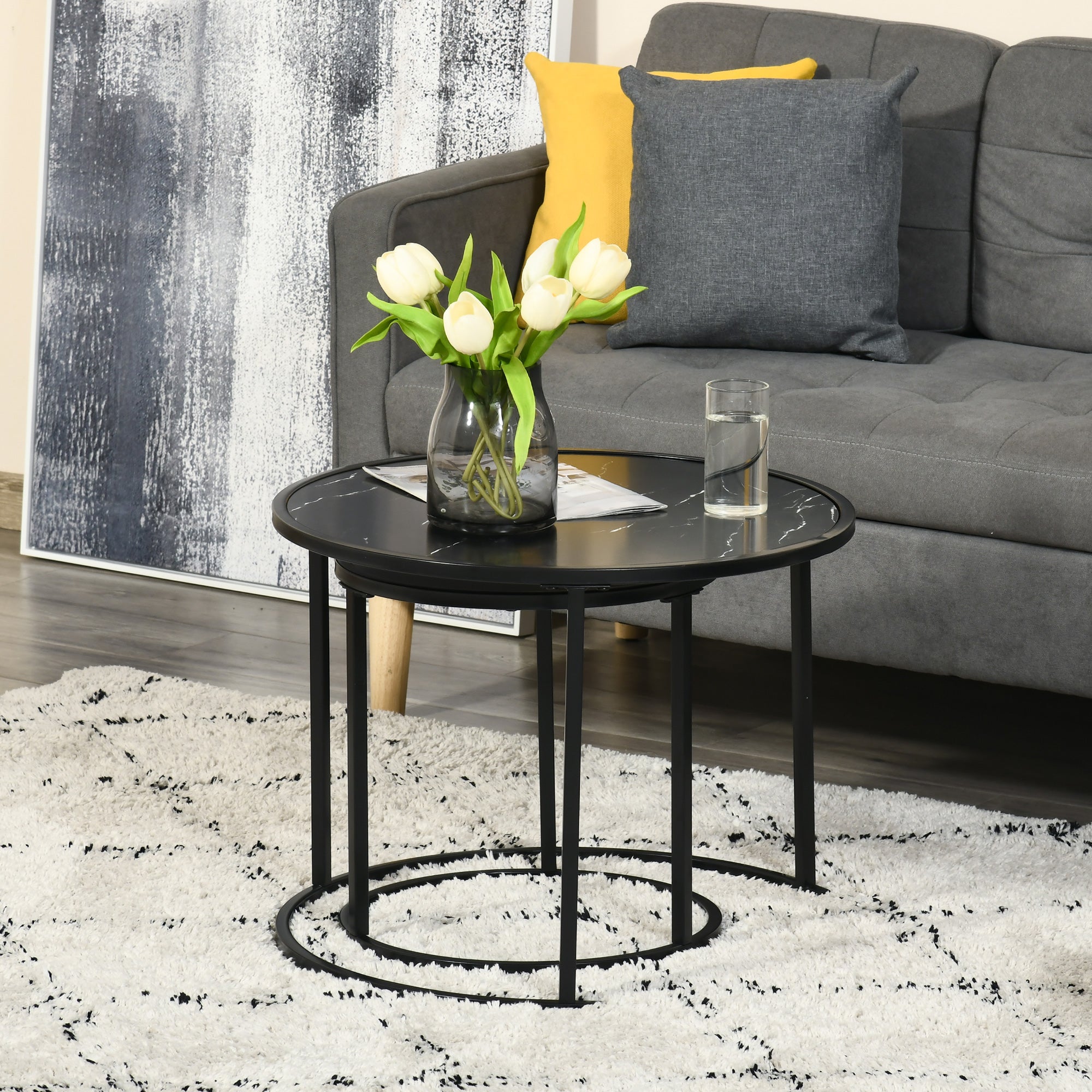 Round Nesting Coffee Table Set of 2, Stacking Modern Accent Tables with Faux Marble Tabletop and Metal Frame for Living Room, Black Coffee Tables   at Gallery Canada