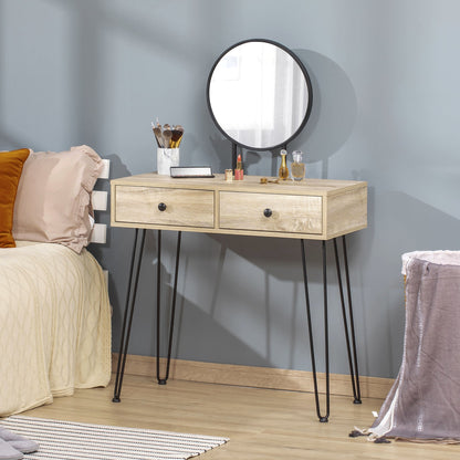 Vanity Table, Makeup Vanity Desk with Round Mirror, 2 Drawers, Modern Dressing Table for Bedroom, Oak Dressing & Vanity Tables   at Gallery Canada