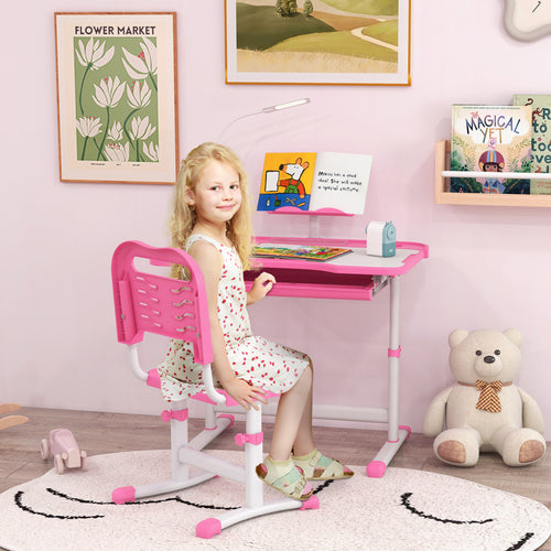 Kids Desk and Chair Set Height Adjustable Student Writing Desk Children School Study Table with Tilt Desktop, Pink