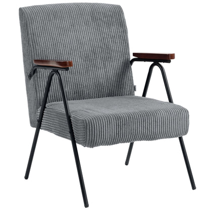 Modern Armchair, Upholstered Corduroy Accent Chair with Wood Arms and Steel Frame for Living Room, Bedroom, Grey Accent Chairs   at Gallery Canada